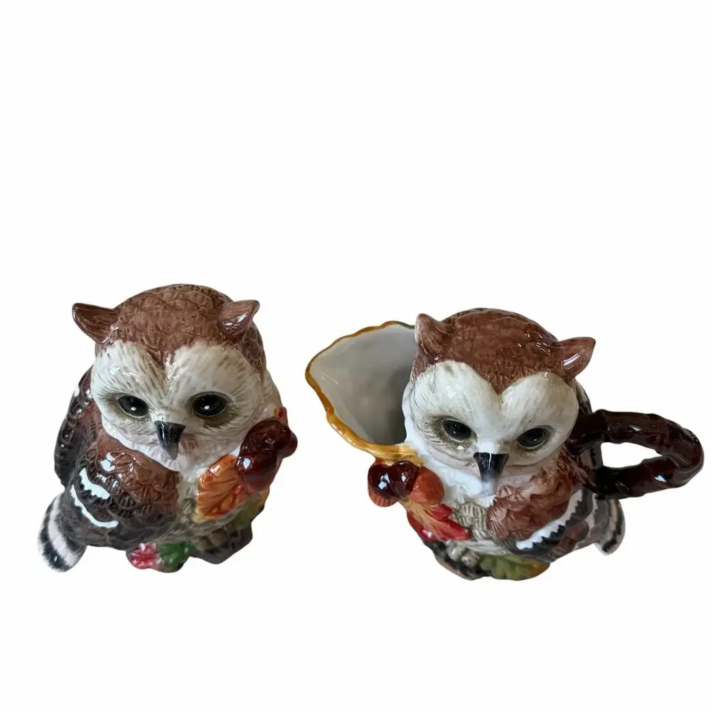 Heritage Harvest Owl Cream & Sugar Set Ceramic Fall Autumn Thanksgiving New